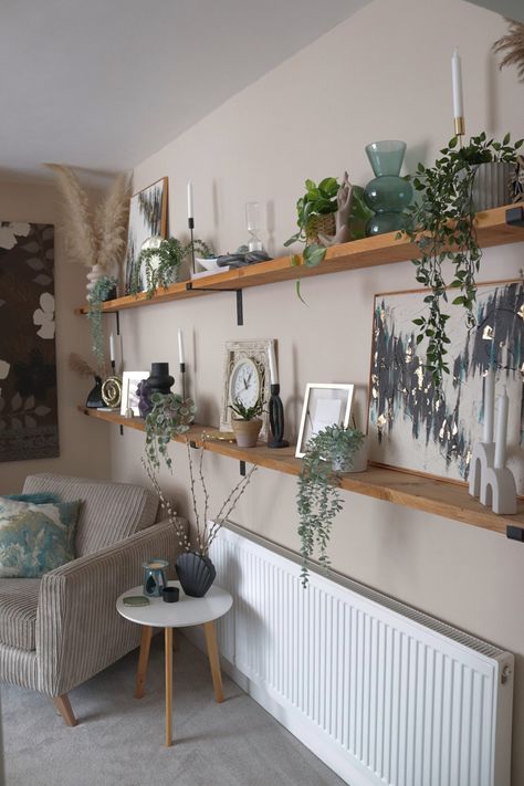 Oak Shelf Living Room, Long Floating Shelves In Living Room, Plant Shelf Over Couch, Scaffold Board Shelves Living Rooms, Shelves Over Sofa, Long Shelves On Wall, Long Shelf Decor Living Room, Long Shelf Decor, Long Shelf Above Couch