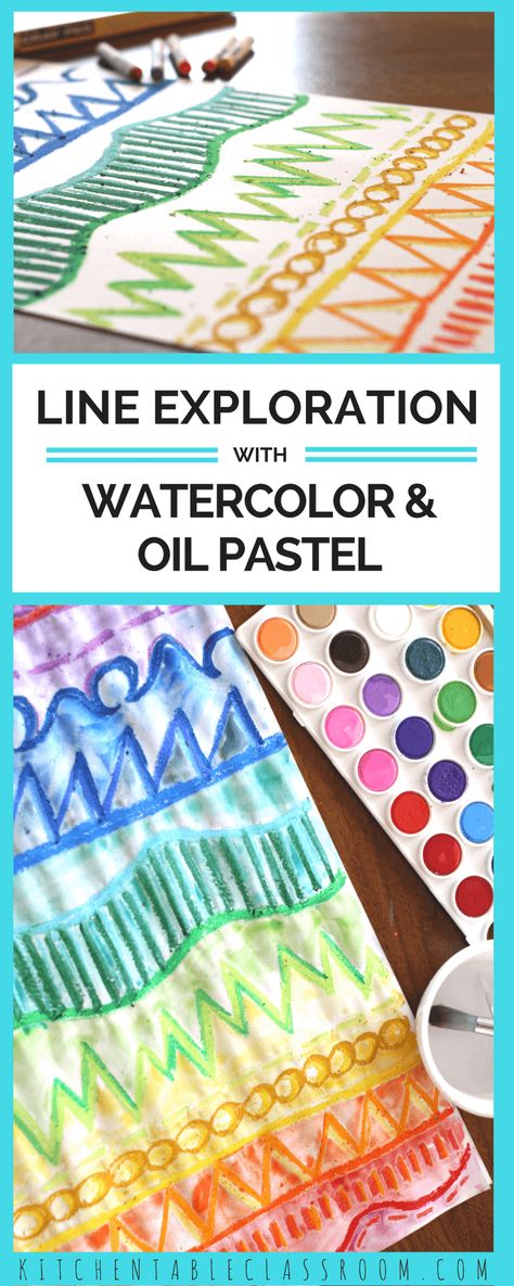 Teach the element of line by making and doing! This little project was all about line exploration with oil pastel and watercolor.  Drawing different types of lines with oil pastels and the topping off with watercolor paint allows those lines to really "pop." If you're look for a one day art lesson on line this is it! One Day Art Lesson, Element Of Line, Watercolor And Oil Pastel, Oil Pastel And Watercolor, Vegan Valentines, Unicorn Chocolate, Casserole Thanksgiving, Line Art Projects, Line Art Lesson