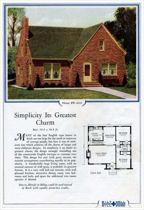 I believe this is the plan of the ouse my wonderful childhood friend lived in when she and her husband bought their first house!! 1924 Bilt-Well Model 4242 English Cottage Vintage House Plans 1920s, French Cottage House Plans, English Cottage House Plans, Cottage Floor Plan, Clinker Brick, Architecture Styles, Brick Cottage, House Architecture Styles, Cottage Floor Plans