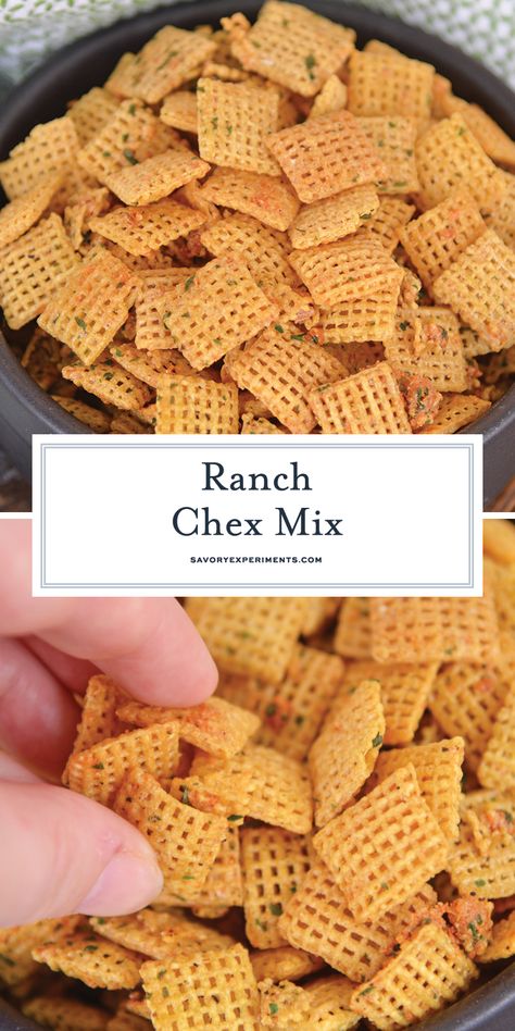 If you're looking for a delicious snack that is easy to make, look no further than this zesty Ranch Chex Mix! With only three ingredients, it can't be beat! #ranchchexmix #easysnackmix #chexmix www.savoryexperiments.com Ranch Chex Mix Recipes, Savory Chex Mix Recipes, Cereal Ideas, Savory Chex Mix, Ranch Chex, Ranch Chex Mix, Gluten Free Chex, Ranch Oyster Crackers, Chex Snack Mix