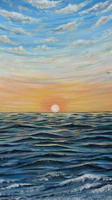 Canvas Painting Ideas Sea Beach Art, Ocean Horizon Painting, Ocean Sunset Paintings Acrylics, Beach Sunset Painting Easy, Beach Sunset Drawing, Easy Ocean Painting, Sunset Ocean Painting, Sunset Painting Easy, Beach Sunset Painting