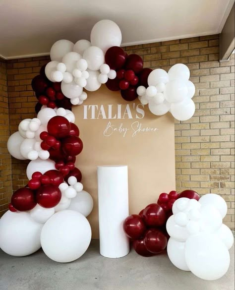 Maroon And White Balloon Garland, Maroon And White Balloon Arch, Burgundy And Silver Balloon Garland, Red Ballons Decor, White And Red Party Decorations, White And Red Birthday Decoration, Maroon Balloon Arch, Red Balloon Decorations Birthday, Red Balloons Decoration