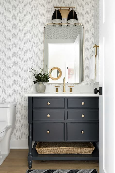 Interlachen Remodel - Martha O'Hara Interiors Half Bathroom Ideas Black Vanity, Powder Room With Wood Floor, Powder Room With Hardwood Floor, Black Cabinet Powder Room, Black Faucet Bathroom Ideas, Half Bath Black Vanity, Black Powder Room Vanity, Classic Half Bathroom Ideas, Wood Floor Powder Room