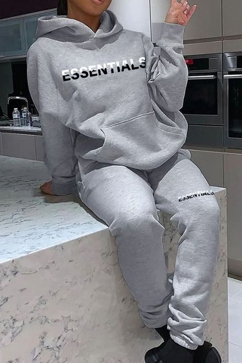 Essentials Letter Print Kangaroo Pocket Oversized Tracksuit Set Tracksuit Outfit Women Street Styles, Tracksuit Outfit Women, Oversized Tracksuit, Matching Tracksuit, Grey Tracksuit, Couple Costumes, Tracksuit Outfit, Womens Sweatshirts Hoods, Two Piece Pants Set