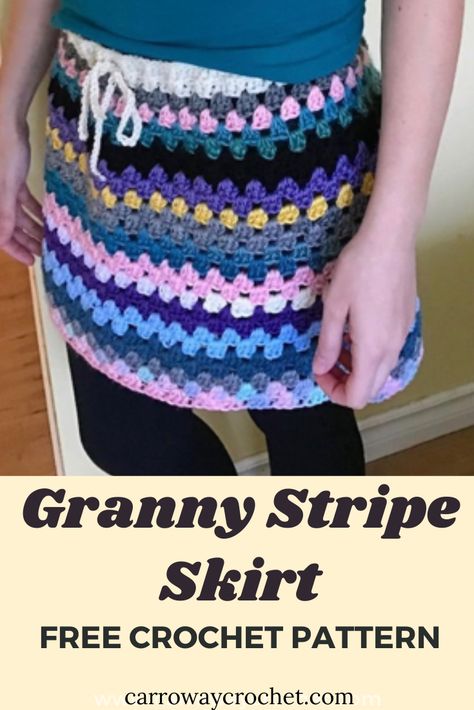 Granny Stripe Skirt Free Crochet Pattern How to Crochet a Granny Stripe Skirt - Carroway Crochet Granny Stitch Skirt, Crochet Summer Ideas, Carroway Crochet, Hippy Skirt, Skirt Crochet Pattern, Crochet Bralette Pattern, Skirt Pattern Easy, Square Skirt, Granny Stripe