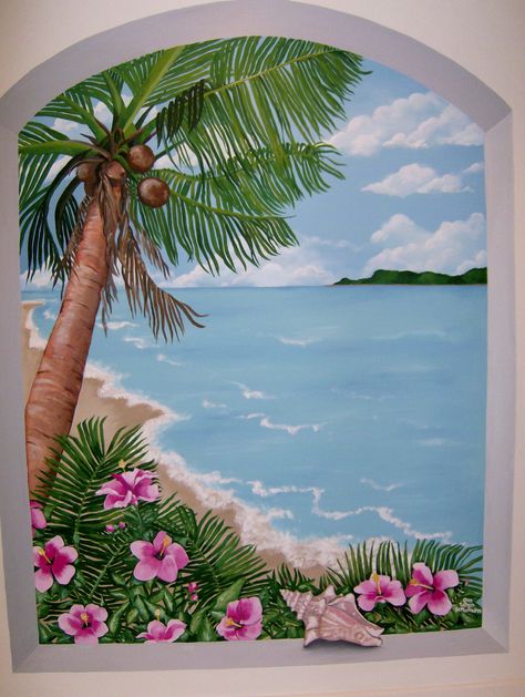 Island scene mural in acrylic on bathroom wall Bathroom Acrylic Painting, Beach Murals Outdoor, Beach Mural Painted Wall, Beach Mural Painted, Island Mural, Palm Tree Mural, Hand Painted Tropical Wall Murals, Beach Scene Wallpaper, Beach Murals