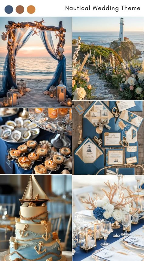 Pin this for crafting an unforgettable nautical wedding theme! Consider using a color palette of navy, white, and gold, and enhance your decor with anchors, ropes, and seashells. Choose a maritime venue, offer a delicious seafood menu, and include nautical-themed wedding favors and entertainment to complete the experience. Shipwreck Wedding Theme, Wedding Nautical Theme, Yacht Wedding Aesthetic, Navy And Gold Beach Wedding, Fish Themed Wedding, Underwater Wedding Theme, Ocean Themed Centerpieces, Beach Theme Wedding Decor, Blue And Gold Beach Wedding