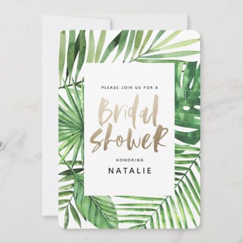 Tropical Palm And Gold Script Bridal Shower Invite #zazzle #weddinginvitations #birthdayinvitations #babyshowerinvitations #zazzleinvitations #monogram #businesscards #graduation #homedecor Tropical Bridal Shower Invitations, Tropical Bridal, Tropical Bridal Showers, Virtual Baby Shower, Destination Wedding Invitations, Bridal Shower Party, Tropical Palm, Bridal Shower Theme, Tropical Wedding