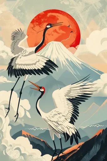 ↑↑↑ Larger size on website 🔸 The image is a stylized illustration of two white cranes in a landscape inspired by Japanese art. On 🔸 From Midjourney AI Image 3d Wallpaper Art, Japanese Cranes, Crane Tattoo, Colors Illustration, Asian Artwork, Stylized Illustration, Japanese Nature, Japanese Bird, White Crane