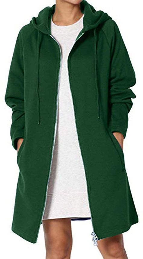 Zip Up Pullover, Warm Coats, Long Hooded Sweatshirt, Pullover Women, Tunic Sweatshirt, Trendy Fashion Outfits, Outwear Jackets, Green Coat, Warm Jacket