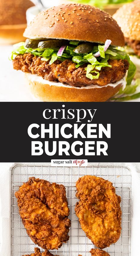 Home Made Chicken Burger, Chicken Breast Burger Recipe, Chicken Breast Burgers, Crispy Chicken Burger Recipe, Buttermilk Fried Chicken Breast, Buttermilk Chicken Burger, Buttermilk Marinated Chicken, Simple Marinade, Spicy Burger