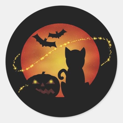 $7.65 | Halloween Cat Pumpkin and Bats Silhouette Scene | Halloween Sticker | halloween, silhouette, orange yellow full moon, black kitty cat, pumpkin with a carved face, jack o lantern, black bats, cat, pumpkin, bats Bats Silhouette, Printable Pumpkin Stencils, Halloween Pumpkin Carving Stencils, Apron Ideas, Spooky Tree, Bat Silhouette, Fall Canvas Painting, Spooky Trees, Halloween Rocks