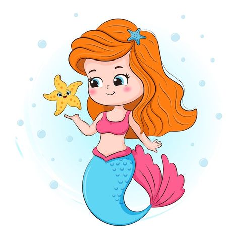 Cute little mermaid and starfish illustr... | Premium Vector #Freepik #vector #cute-mermaid #cartoon-girl #little-mermaid #cute-girl Starfish Illustration, Underwater Cartoon, Mermaid Cartoon, Baby Animal Drawings, Mermaid Party Decorations, Mermaid Theme Party, Mermaid Theme Birthday, Underwater Creatures, Cute Mermaid