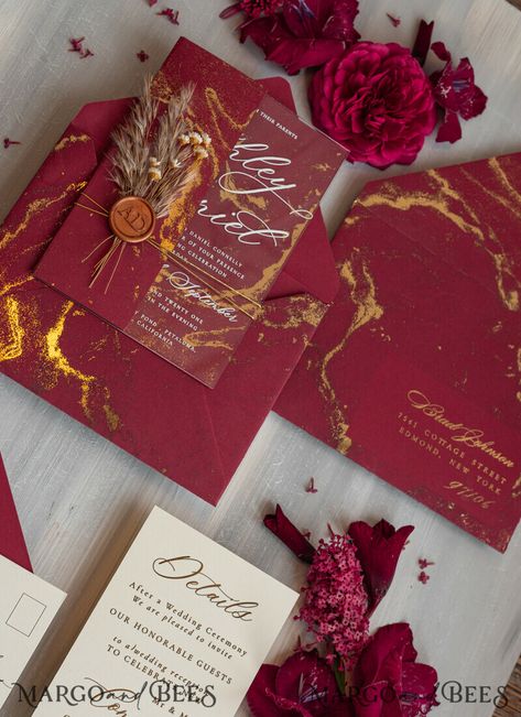 Are you looking for the perfect wedding invitations to set the tone for your elegant and sophisticated celebration? Look no further than our stunning Burgundy Mirror Gold Wedding Invitations. These luxurious cards feature a sleek marble design in rich burgundy tones accented with shimmering gold details. Our Burgundy Mirror Gold Wedding Invitations are the perfect choice for couples who want to make a statement with their wedding stationery. The combination of the deep burgundy color and the ref Acrylic Wedding Invites, Wedding Colors Ideas, Acrylic Wedding Invitation, Unique Wedding Cards, Crystals Wedding, Red Wedding Theme, Manifesting Love, Marble Wedding, Dream Wedding Decorations