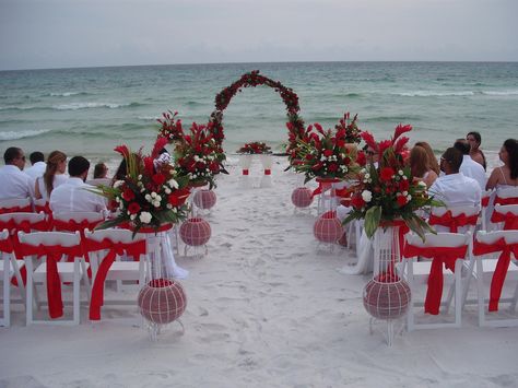 wedding beach red and white. Beach Wedding Red Theme, Red And White Beach Wedding, Christmas Beach Wedding Ideas, Red And Black Beach Wedding, Wedding Ideas Red And White, Christmas Beach Wedding, Red Beach Wedding, Recommitment Ceremony, Spring Beach Wedding