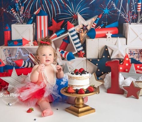 All American Girl First Birthday, 4th Of July Smash Cake Baby, Fourth Of July Smash Cake, Patriotic First Birthday Girl, Fourth Of July First Birthday Girl, Patriotic Photoshoot, Pj Photoshoot, Half Pictures, Patriotic Cake