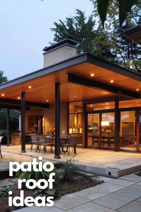 Update your outdoor space with modern patio roof extensions. Sleek and functional, these designs offer a contemporary twist on traditional outdoor living, providing shelter and style. Outside Roof Design, Flat Roof Patio Cover, Outdoor Living Covered Patio, Roof Designs Outside, Partially Covered Patio Ideas, Outdoor Overhang Patio, Roofed Patio Ideas, Backyard Patio Cover Designs, Covered Outdoor Space