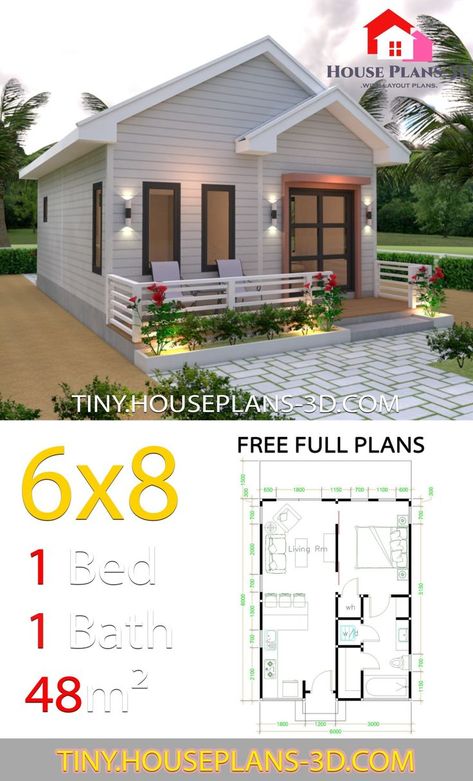 Nov 15, 2019 - Tiny House Plans 7x6 with One Bedroom Gable RoofThe House has:-Car Parking and garden-Living room,-Dining room-Kitchen-1 Bedrooms, 1 bathroom Studio House Plans, Gable Roof House, One Bedroom House Plans, One Bedroom House, Studio House, Tiny House Plan, Tiny House Floor Plans, House Construction Plan, Simple House Plans