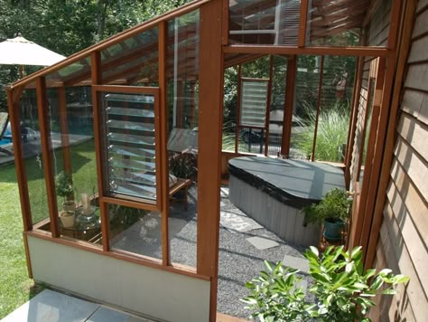 Lean To Greenhouse Kits, Sunroom Greenhouse, Gemüseanbau In Kübeln, Hot Tub Room, Lean To Greenhouse, Tub Enclosures, Build A Playhouse, Lean To, Home Greenhouse