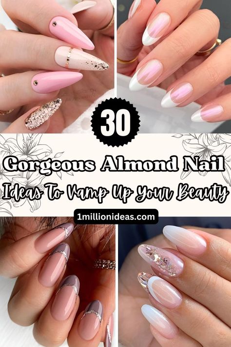 30 Gorgeous Almond Nail Ideas To Vamp Up Your Beauty Acrylic Nail Designs French Tip Ideas Almond, Almond Nails Fancy Designs, Almond Nails Designs February, Elegant Nails Classy Simple Almond, Almond Nails Designs January, Short Almond Nails Classy, French Nail Designs Almond Shape, Nail Ideas For Almond Shape, French Tip Nail Ideas Almond