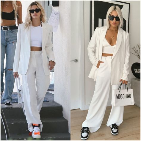 White Blazer Airport Outfit, White Blazer Outfit Street Style, White Pantsuit Outfit, White Blazer With Sneakers Outfit, Pantsuit With Sneakers, Oversized Blazer Outfit White, Off White Oversized Blazer Outfit, White Jordan 1 Women Outfit, All White Outfit Street Style