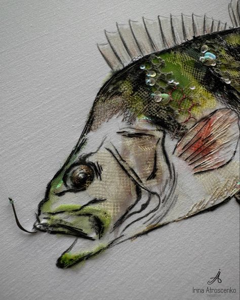 Textile collage embroidery #fish #art #embroidery #collage #textile # Textile Contemporary Art, Embroidery And Painting Mixed Media, Fish Textiles, Animal Textiles, Food Textiles, Collage Embroidery, Embroidery Collage, Perch Fish, Embroidery Fish