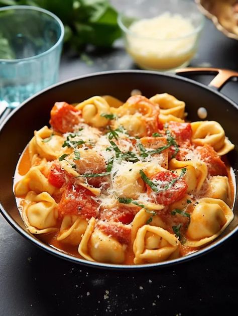 Blushing Basil Tortellini Creamy Tomato Basil Sauce, Blush Sauce, Tomato Basil Sauce, Basil Sauce, Cheese Tortellini, Tomato Basil, Grape Tomatoes, Tortellini, Fresh Basil