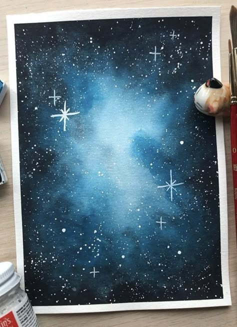 Star Paintings Easy, Starry Sky Watercolor, Star Watercolor Painting, Acotar Watercolor, Night Sky Painting Easy, Starry Watercolor, Watercolor Constellation, Watercolour Night Sky, Galaxy Watercolor Painting