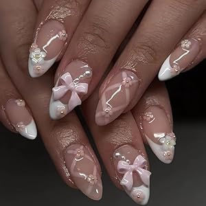 Medium Almond Press on Nails White French Tips Pink Fake Nails with 3D Flower Bow Charms Acrylic Nails Press ons Cute Design Glue on False Nails Reusable Stick on Nails 24pcs French Tips Pink, Nails White French, Pink Fake Nails, Press On Nails White, White French Tips, Color Block Nails, Nails Press Ons, Almond Press On Nails, Medium Almond