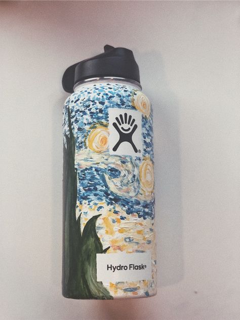 Van Gogh Merch, Water Bottle Painting, Blue Hydro Flask, Painted Hydroflask, Hydro Painting, Water Bottle Art, Starry Night Painting, Arte Van Gogh, The Starry Night