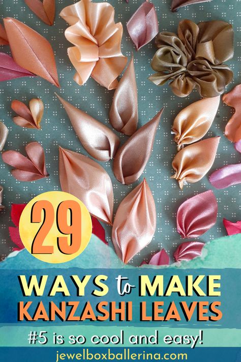 Fabric Leaves How To Make, Kanzashi Flowers Tutorial, Ribbon Folding, Flower Decoration Ideas, Ribbon Leaves, Silk Ribbon Embroidery Tutorial, Ribbon Flowers Diy, Silk Ribbon Embroidery Patterns, Kanzashi Tutorial