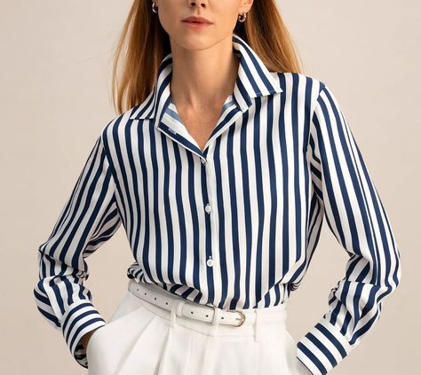 How to Dress with French Style Over 50 in 2024 Womens Silk Shirts, Stripe Silk, Silk Twill, White Pants, Silk Shirt, Amalfi, Stripe Print, Silk Blouse, Scarlet