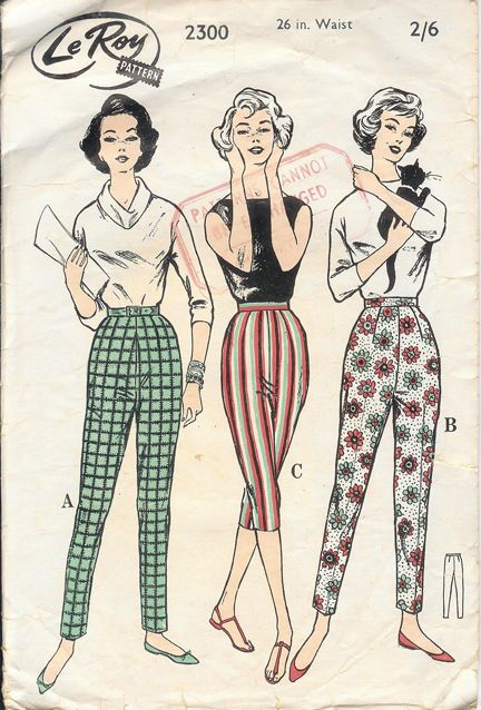 1950s fashions cigarette pencil pant capri green checks red stripes white floral  - need to make 1950s Fashion Illustration, 1950s Pants, 1950 Style, Vintage Outfits 90s, 1950’s Fashion, Hayden Williams, Vintage Fashion 1950s, 50's Fashion, 1950 Fashion