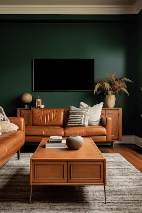 Camel Couch Color Schemes: Dark Green Walls and Natural Accents Color Schemes Dark Green, Leather Sofa Decor, Orange Leather Sofas, Balance Is The Key, Tan Leather Couch, Green Walls Living Room, Dark Green Living Room, Tan Leather Sofas, Leather Couches Living Room