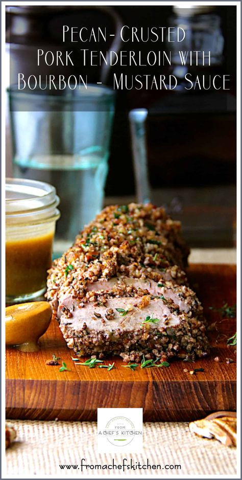 Serve up some Southern flair with Pecan-Crusted Pork Tenderloin with Bourbon – Mustard Sauce for your next date night or dinner party! It's even easy enough for a weeknight!⁠ Fancy Pork Tenderloin, Pork Loin With Sauce, Fancy Pork Tenderloin Recipes, Pecan Crusted Pork Tenderloin, Fancy Pork Recipes, Pork Tenderloin With Mustard Sauce, Christmas Pork Tenderloin Recipes, Christmas Pork Tenderloin, Boursin Potatoes