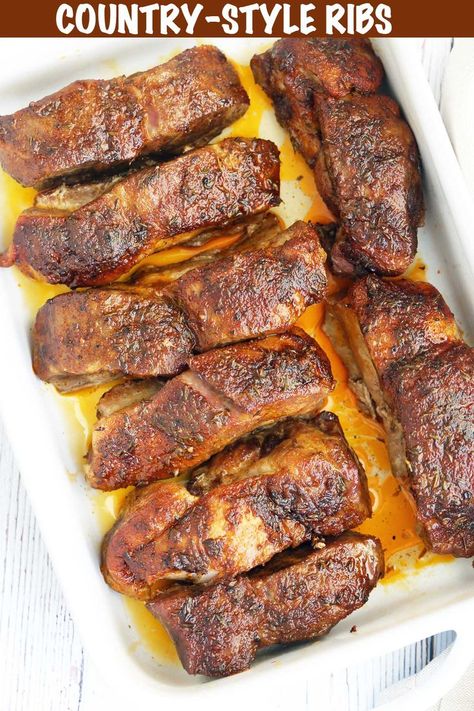 These oven-baked country-style ribs are so meaty and tender! The fat melts into them as they cook, then beautifully browns under the broiler. Country Ribs Oven, Slow Cook Pork Ribs, Beef Country Style Ribs, Baked Country Style Ribs, Country Ribs Recipe, Boneless Country Style Pork Ribs, Oven Pork Ribs, Boneless Beef Ribs, Ribs Recipe Oven