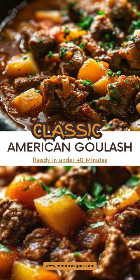 Craving a simple, comforting meal? This Classic American Goulash is a one-pot wonder, packed with tender ground beef, macaroni, and a rich tomato sauce. Perfect for busy weeknights or when you need a cozy family dinner. Click to get the full recipe and discover why this dish has been a beloved American favorite for generations! Save this pin to enjoy a taste of home. #AmericanGoulash #ComfortFood #OnePotMeals #FamilyDinners Goulash With Potatoes, Beef Goulash Recipes, American Goulash Recipes, Classic Goulash Recipe, Ground Beef Macaroni, Pasta Ground Beef, Easy Goulash Recipes, Beef Macaroni, American Goulash