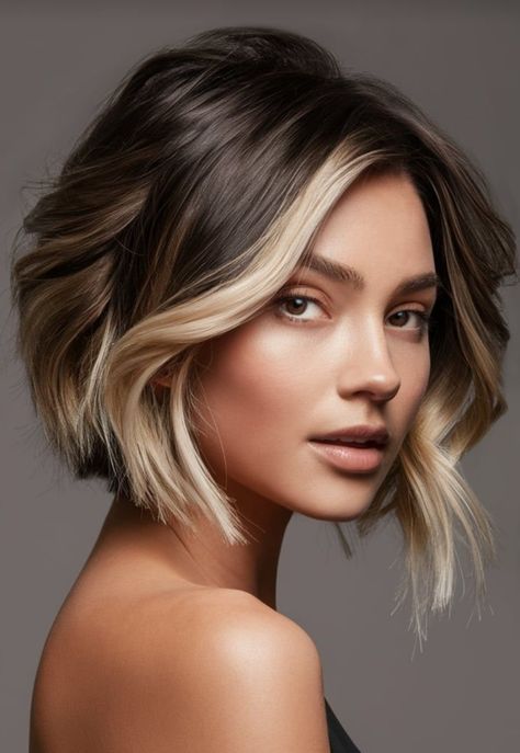 Dark Bob Money Piece, Short Hair And Color Ideas, Dark Brown To Blonde Balayage Short Hair Bob Hairstyles, Hair Styles Bob Cut, Bronde Balayage With Money Piece Short, Icy Blonde Highlights On Dark Hair Short, Short Hair Foils, Short Dark Hair With Blonde Highlights, Short Hair Dark Balayage