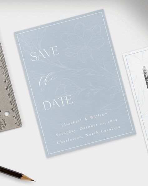 Dusty Blue Wedding Save The Date, Light Blue Save The Date, Blue And White Save The Date, Save The Date Ideas Blue, Dusty Blue Save The Dates, Blue Save The Date Template, Save The Date Blue, Save The Date With Photo, Blue Save The Date