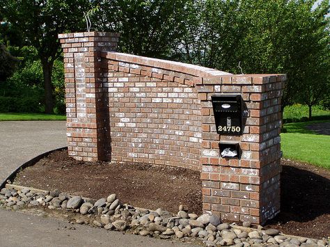 Brick Entry Gate                                                                                                                                                      More Brick Columns Driveway, Stone Mailbox, Entrance Gates Driveway, Brick Mailbox, Driveway Entrance Landscaping, Brick Driveway, Farm Entrance, Cabin Remodel, Brick Columns