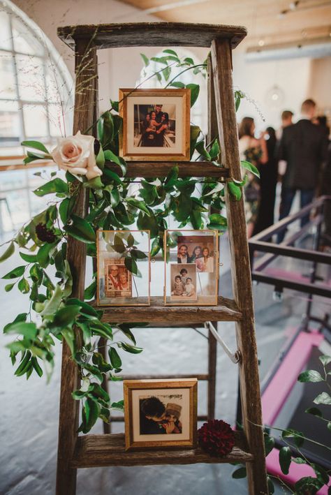 If it's rustic, we have it! Ladders, crates, barrels, and tables. Drink Display Wedding, Ladder Wedding, Wedding Photo Display, Rustic Wedding Ceremony, Vintage Ladder, Wedding Decoration Ideas, Wedding Color Trends, Vintage Wedding Photos, Vintage Wedding Theme