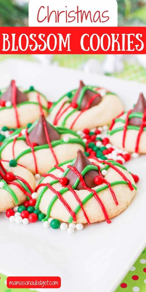 Hershey Blossom Cookies, Shortbread Blossom Cookies, Hershey Kids Christmas Cookies, Sugar Cookie Blossoms Recipe, Christmas Blossom Cookies, Old School Christmas Cookies, Blossom Cookie Recipes, Sugar Blossom Cookies, Blossom Cookies Christmas