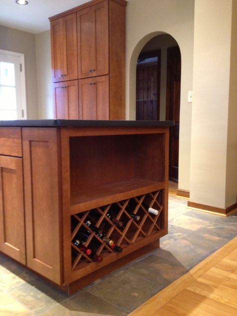 AFTER- the built in wine rack on the end of the new island Wine Rack End Of Island, Wine Rack In Kitchen, Rack In Kitchen, Kitchen Restoration, Oak Wine Rack, College Kitchen, Beveled Subway Tile, Built In Wine Rack, Ceramic Floor Tiles