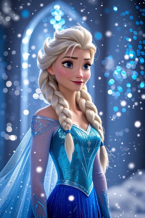 A hyper-realistic depiction of Disney princess Elsa from Frozen in her enchanted ice castle. She closely resembles the animated original but with slightly more human-like facial features while keeping her signature large, expressive eyes. Her platinum blonde braid flows elegantly, and her ice-blue gown sparkles. Her skin appears flawless and realistic, with shimmering glitter on her cheeks and around her icy blue eyes. Elsa's expression is full of life—her eyes shine with wonder and confidence, and a soft, enchanting smile graces her lips. The scene is filled with abundant sparkling snow, intense bokeh effects, dazzling light flares, and an overload of rainbow and blue glitters, making the atmosphere truly magical and breathtaking Icy Blue Eyes, Sparkling Snow, Ice Castle, Disney Princess Elsa, Ice Castles, Bokeh Effect, Blonde Braids, The Snow Queen, Expressive Eyes