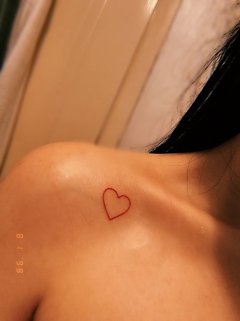 Red Heart Tattoo On Shoulder, Small Tattoo On Collar Bone, Solid Red Heart Tattoo, Small Red Heart Tattoo On Chest, Red Heart Shoulder Tattoo, Leg Heart Tattoo, Heart Tattoo On Shoulder For Women, Red Heart Tattoo Collar Bone, Small Heart Tattoos For Women On Chest