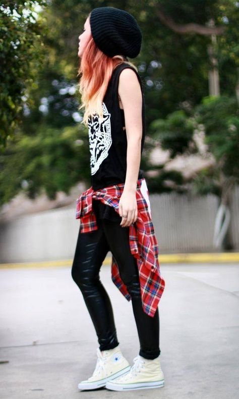 How to Dress Punk? 25 Cute Punk Rock Outfit Ideas for Girls Wearing Black, Punk Rock, Red Hair, Skateboard, A Woman, Plaid, Black And White, Pants, Red