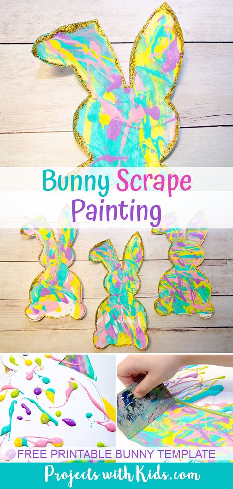 Use beautiful spring colors to make these bunny silhouettes that are the perfect art project for spring or Easter. A great project for preschool aged kids and beyond. Free printable bunny template included. Printable Bunny Template, Easter Art Project, Scrape Painting, Easter Crafts Preschool, April Crafts, Spring Art Projects, Easter Arts And Crafts, Bunny Silhouette, Easter Preschool