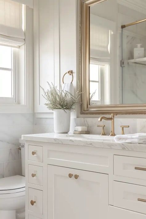 1950 Bathroom Remodel, Small Half Bathroom, White Bathroom Ideas, Small White Bathrooms, Modern Fixtures, Condo Bathroom, White Marble Bathrooms, Spa Inspired Bathroom, Modern White Bathroom