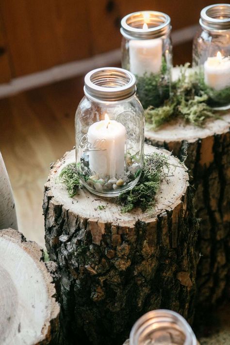 mason jar candle holder over tree stumps Wedding Jars, Mason Jar Candle Holders, Large Mason Jars, Deco Nature, Wedding Floral Centerpieces, Mason Jar Wedding, Have Inspiration, Mason Jar Candles, Tree Stump