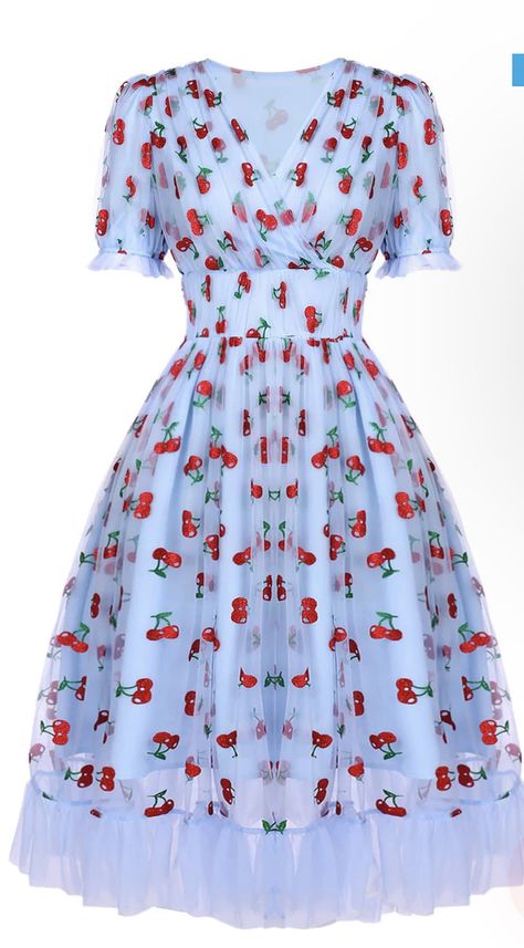 Retro Outfits Dress, 50s Style Dresses, Aesthetic Vintage Outfits, Fruit Dress, 1950s Dresses Vintage, Retro Stage, Strawberry Dress, Outfits Vintage, Vintage Nails